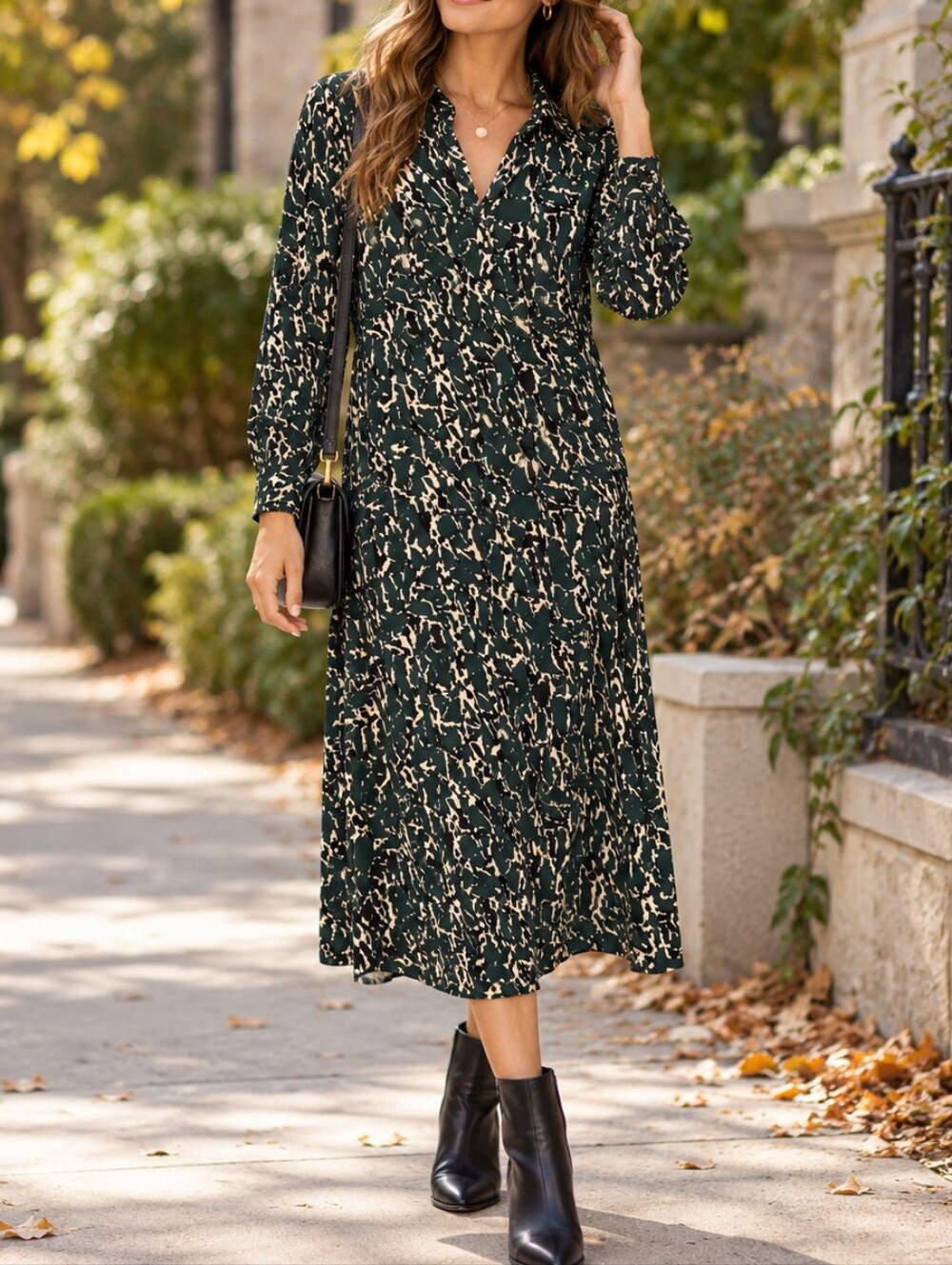 Soyaconcept Green Cream Abstract Print Long Sleeve Midi Shirt Dress Travel Work